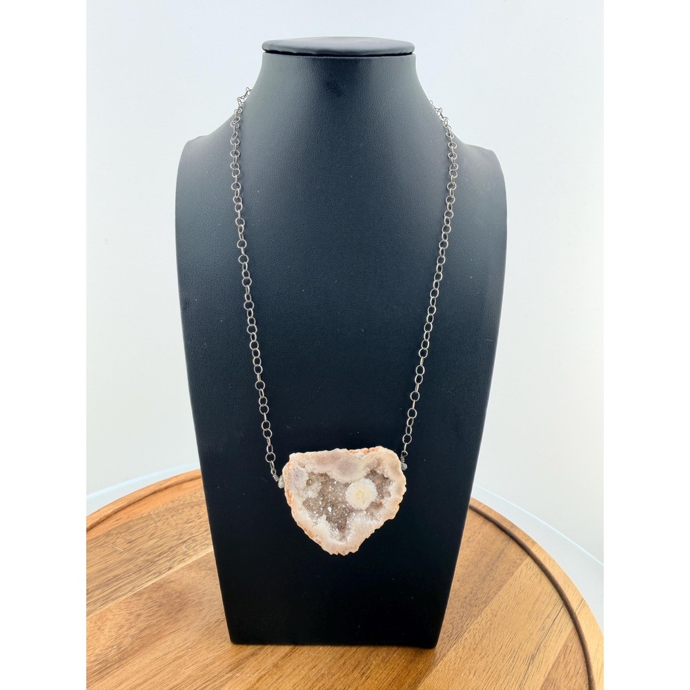 Vintage Aura Druzy Geode Necklace, Sterling Silver, Boho Chic Statement Jewelry